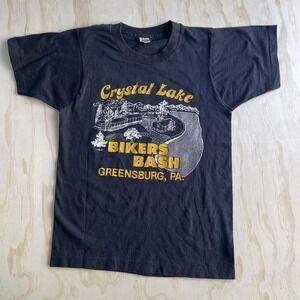 Vintage 80s Screen Stars Crystal Lake Shirt Mens Small Black Bikers Bash T-Shirt